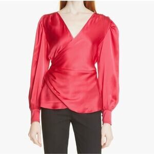 Cinq A Sept Dorothea Raspberry Pink Surplice Silk Ruched Blouse Size Medium
